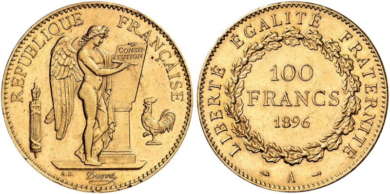 FRANKREICH. Königreich und Republik. 3. Republik, 1871-1940. 100 Francs 1896 A, ...