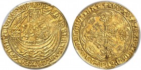 GROSSBRITANNIEN. Henry VI. 1422-61. Noble o. J. (1422-1427), Calais. Münzzeichen Lilie. Der gekrönte und geharnischte König steht von vorn in einem Sc...