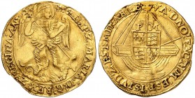 GROSSBRITANNIEN. Philipp und Mary, 1554-1558. Angel o. J. (1554-58), London. Münzzeichen Lilie. St. Michael tötet den Drachen mit der Lanze. Rv. Schif...