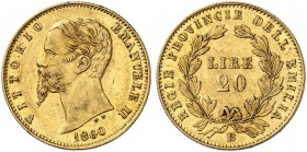 ITALIEN. Königreich. Vittorio Emanuele II Re Eletto, 1859-1861. 20 Lire 1860 B, Bologna. 6.43 g. Mont. 104. Pagani 430. Fr. 256. Von grösster Seltenhe...