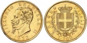 ITALIEN. Königreich. Vittorio Emanuele II. 1861-1878. 100 Lire 1872 R, Roma. 32.17 g. Mont. 127. Pagani 452. Fr. 9. Sehr selten. Nur 661 Exemplare gep...