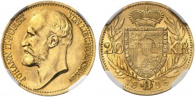 LIECHTENSTEIN. Johann II. 1858-1929. 20 Kronen 1898. Divo 89. HMZ 2-1374b. Fr. 12. Prachtexemplar / Cabinet piece. NGC MS66. (~€ 1755/USD 2020) Es han...