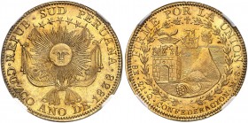 PERU. Süd-Peru. 8 Escudos 1838, MS-Cuzco. Strahlende Sonne, oben fünf Sterne, darunter vier gekreuzte Fahnen. Rv. Schwelender Vulkan rechts, Turm link...