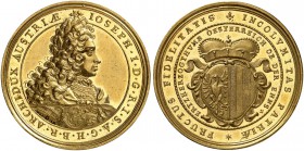RDR / ÖSTERREICH. Joseph I. 1705-1711. Goldmedaille zu 12 Dukaten o. J. (1705). Auf die Huldigung der Oberösterreichischen Stände. Stempel von P. H. M...