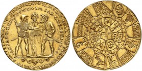 SCHWEIZ. Eidgenossenschaft. Goldmedaille o. J. (um 1550). Halber Bundestaler der 13 Orte in Gold im 5-fachen Dukatengewicht. Stempel von J. Stampfer. ...