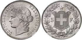 SCHWEIZ. Eidgenossenschaft. 5 Franken 1900 B, Bern. Divo 181. HMZ 2-1198i. Selten / Rare. Prachtvolle Erhaltung / Magnificent condition. NGC MS65. (~€...