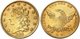 USA. 5 Dollars 1838 C, Charlotte. Classic head type. 8.32 g. Fr. 136. Sehr selten. Nur 17’179 Exemplare geprägt / Very rare. Only 17’179 pieces struck...