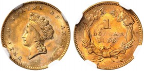 USA. 1 Dollar 1855, Philadelphia. Indian Princess head type, small head. Fr. 89. Äusserst seltene Erhaltung / Extremely rare condition. NGC MS65. (~€ ...
