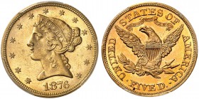 USA. 5 Dollars 1876, Philadelphia. Liberty head type with motto. Fr. 145. PCGS MS62+. Sehr selten / Very rare. (~€ 13160/USD 15150)
