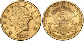 USA. 20 Dollars 1882 CC, Carson City. Liberty head type. 33.33 g. Fr. 179. Selten / Rare. Sehr schön-vorzüglich / Very fine-extremely fine. (~€ 2630/U...