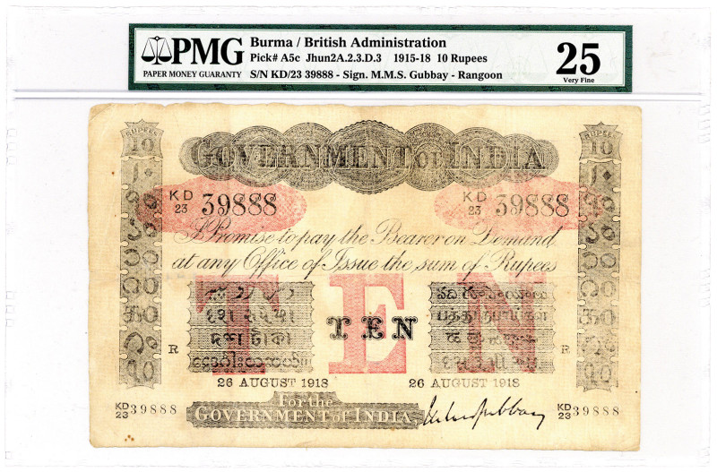 BURMA, Government of India, 10 Rupien 26.08.1918. R= Ragoon.
PMG 25
Pick A5c