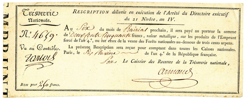 FRANKREICH, Rescriptions de L'Emprunt Force, 250 Francs 21 Nivose An IV (11.1.17...