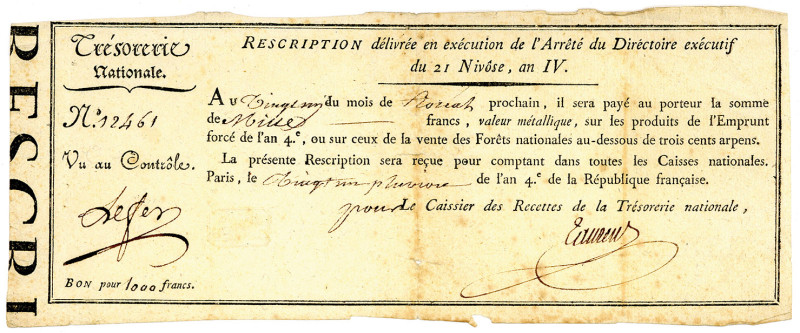 FRANKREICH, Rescriptions de L'Emprunt Force, 1000 Francs 21 Nivose An IV (11.1.1...