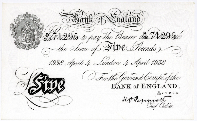 GROSSBRITANNIEN, Bank of England, 5 Pounds 04.04.1938, London. Deutsche Fälschun...