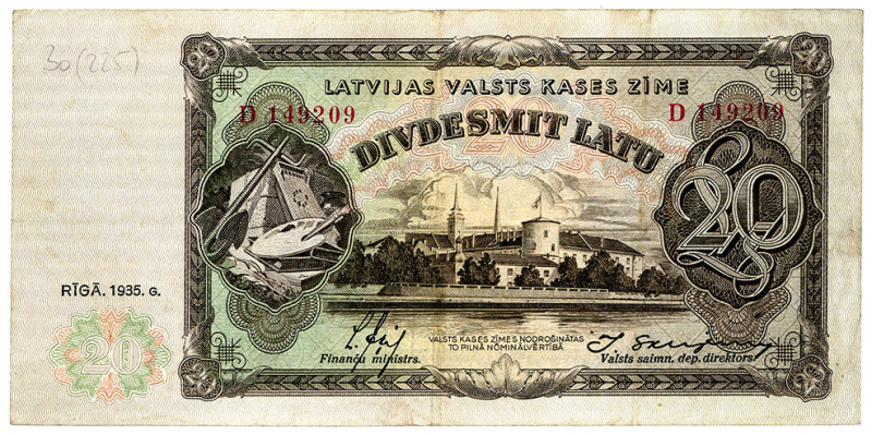 LETTLAND, Latvijas Valsts Kases Zime, 20 Latu 1935-36.
III-
Pick 30a
