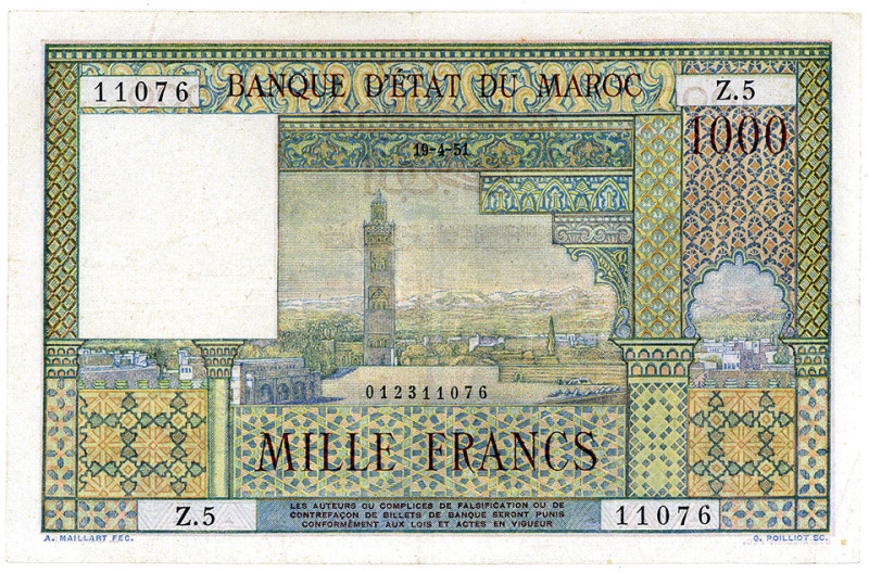 MAROKKO, Banque d'Etat du Maroc, 1000 Francs 19.04.1951.
II+
Pick 47