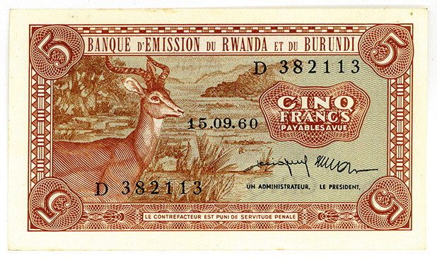 RUANDA-BURUNDI, Banque d'Emission du Rwanda et du Burundi, 5 Francs 15.09.1960....