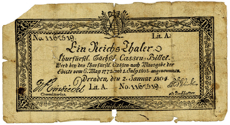 SACHSEN, Churfürstlich Sächsische Cassen Billets 1772-1804, 1 Reichstaler 02.01....