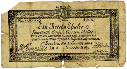 SACHSEN, Churfürstlich Sächsische Cassen Billets 1772-1804, 1 Reichstaler 02.01.1804, zeitgenössische Fälschung?.
IV-V
Bü.0002.1b; vgl.P./R.A380...