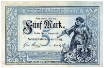 DEUTSCHES REICH BIS 1945, Reichsbanknoten und Reichskassenscheine 1874-1914, 5 Mark 10.01.1882, KN 6-stellig rot-braun, Serie N.
II+
Ros.6; Grab.DEU...