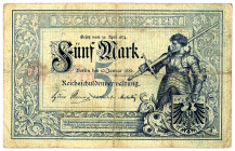 DEUTSCHES REICH BIS 1945, Reichsbanknoten und Reichskassenscheine 1874-1914, 5 Mark 10.01.1882, KN 6-stellig rot, Serie D.
IV
Ros.6; Grab.DEU-48