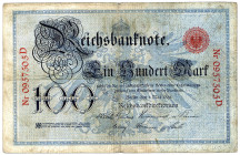 DEUTSCHES REICH BIS 1945, Reichsbanknoten und Reichskassenscheine 1874-1914, 100 Mark 01.05.1891, KN 7-stellig rot, Serie D. Blauer Hunderter.
IV+
R...