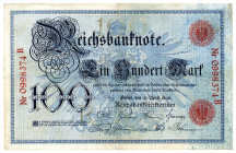 DEUTSCHES REICH BIS 1945, Reichsbanknoten und Reichskassenscheine 1874-1914, 100 Mark 10.04.1896, KN 7-stellig rot, Serie B. Blauer Hunderter.
gepres...