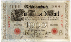 DEUTSCHES REICH BIS 1945, Reichsbanknoten und Reichskassenscheine 1874-1914, 1000 Mark 10.10.1903, KN 6-stellig rot, Serie C, Brauner Tausender.
II-I...