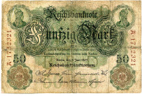 DEUTSCHES REICH BIS 1945, Reichsbanknoten und Reichskassenscheine 1874-1914, 50 Mark 08.06.1907, KN 7-stellig braun, Serie A.
IV
Ros.29; Grab.DEU-26