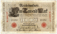 DEUTSCHES REICH BIS 1945, Reichsbanknoten und Reichskassenscheine 1874-1914, 1000 Mark 07.02.1908, KN 6-stellig rot, Serie C, Brauner Tausender.
III...
