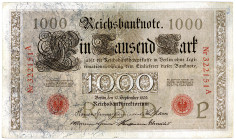 DEUTSCHES REICH BIS 1945, Reichsbanknoten und Reichskassenscheine 1874-1914, 1000 Mark 10.09.1909, KN 6-stellig rot, Serie A, Brauner Tausender.
gepr...