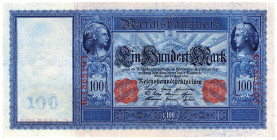 DEUTSCHES REICH BIS 1945, Reichsbanknoten und Reichskassenscheine 1874-1914, 100 Mark 21.04.1910, Serie G. Langer Hunderter/Flotten-Hunderter.
I/I-
...