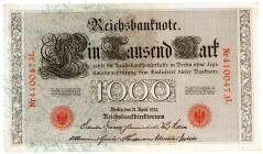 DEUTSCHES REICH BIS 1945, Reichsbanknoten und Reichskassenscheine 1874-1914, 1000 Mark 21.04.1910, KN 7-stellig rot, ohne Udr-Bst, Serie L, Brauner Ta...