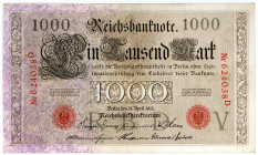 DEUTSCHES REICH BIS 1945, Reichsbanknoten und Reichskassenscheine 1874-1914, 1000 Mark 10.9.1909, KN 6-stellig, Brauner Tausender. Papierfehler, lila ...