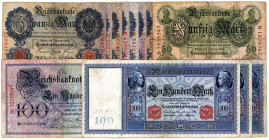 DEUTSCHES REICH BIS 1945, Reichsbanknoten und Reichskassenscheine 1874-1914, 20 Reichsmark 7.2.1908 (3x), 21.4.1910 KN 7-stellig (8x), 50 Mark 7.2.190...