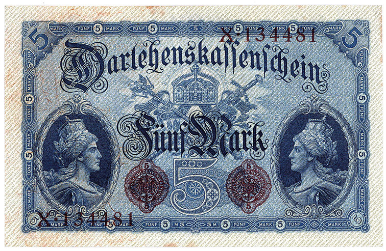 DEUTSCHES REICH BIS 1945, Zeit des Ersten Weltkriegs, 1914-1918, 5 Mark 05.08.19...