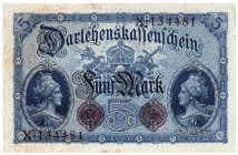 DEUTSCHES REICH BIS 1945, Zeit des Ersten Weltkriegs, 1914-1918, 5 Mark 05.08.1914, KN 6-stellig rot, Serie X.
fleckig, I-
Ros.48a; Grab.DEU-54a