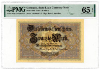 DEUTSCHES REICH BIS 1945, Zeit des Ersten Weltkriegs, 1914-1918, 20 Mark 05.08.1914, Darlehenskassenschein, KN 7-stellig, Serie C.
PMG 65 Gem Uncircu...