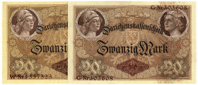 DEUTSCHES REICH BIS 1945, Zeit des Ersten Weltkriegs, 1914-1918, 20 Mark 05.08.1914, Darlehenskassenschein, KN 6-stellig, Serie G. DAZU:KN 7-stellig, ...