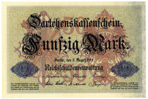 DEUTSCHES REICH BIS 1945, Zeit des Ersten Weltkriegs, 1914-1918, 50 Mark 5.8.1914, Darlehnskassenschein. KN 6-stellig, Serie F.
I
Ros.50a; Grab.DEU-...