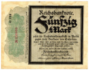 DEUTSCHES REICH BIS 1945, Zeit des Ersten Weltkriegs, 1914-1918, 50 Mark 20.10.1918, KN 6-stellig rot, Serie G124, Wz.diagonale Wellenlinien.
III-
R...