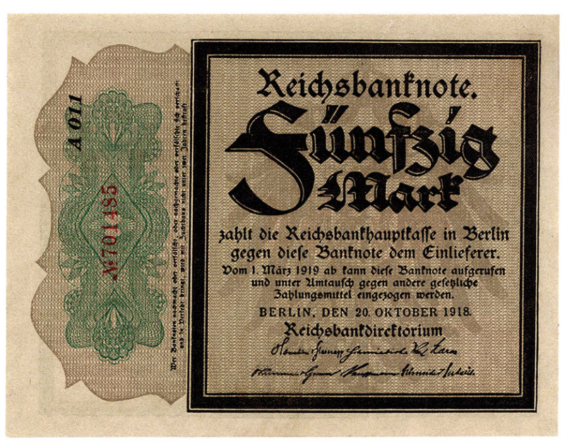 DEUTSCHES REICH BIS 1945, Zeit des Ersten Weltkriegs, 1914-1918, 50 Mark 20.10.1...