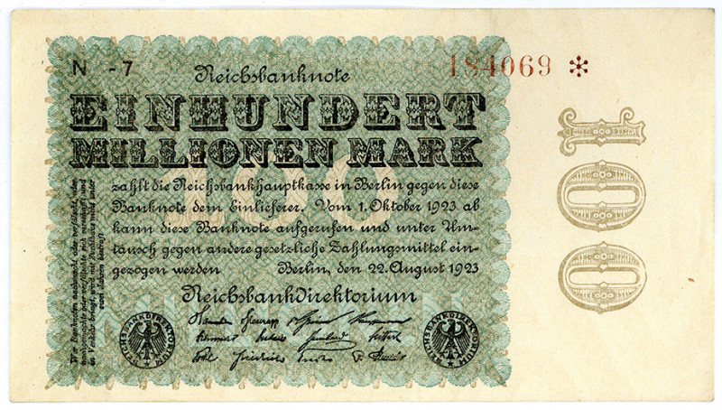 DEUTSCHES REICH BIS 1945, Geldscheine der Inflation, 1919-1924, 100 Millionen Ma...