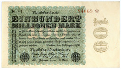 DEUTSCHES REICH BIS 1945, Geldscheine der Inflation, 1919-1924, 100 Millionen Mark 22.08.1923, Firmendruck, Wz.Hakensterne, KN 6-stellig, FZ.N. Selten...