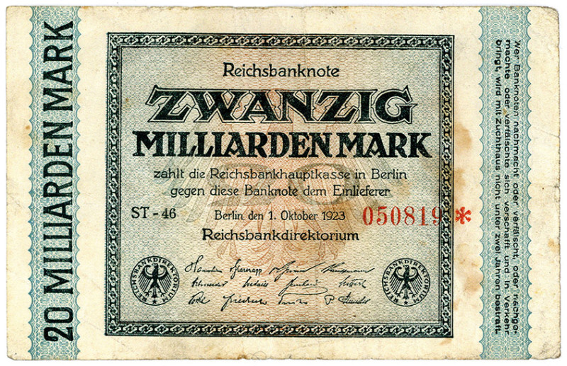 DEUTSCHES REICH BIS 1945, Geldscheine der Inflation, 1919-1924, 20 Milliarden Ma...