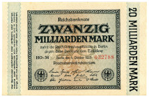 DEUTSCHES REICH BIS 1945, Geldscheine der Inflation, 1919-1924, 20 Milliarden Mark 1.10.1923, KN 6-stellig rot, Wz.Rauten, FZ.HO.
I/I-
Ros.115e; Gra...