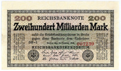 DEUTSCHES REICH BIS 1945, Geldscheine der Inflation, 1919-1924, 200 Milliarden Mark 15.10.1923, KN 6-stellig rot, Wz.Ringe, FZ.DB.
I
Ros.118f; Grab....