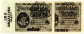 DEUTSCHES REICH BIS 1945, Geldscheine der Inflation, 1919-1924, 2x 500 Milliarden Mark Überdruck auf 5000 Mark 15.3.1923, Reichsdruck, Serie B, D.
II...