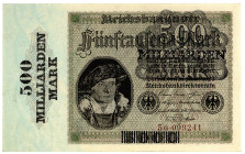 DEUTSCHES REICH BIS 1945, Geldscheine der Inflation, 1919-1924, 500 Milliarden Mark 15.03.1923, Überdruck auf 5000 Mark, Firmendruck, FZ:G.
I-
Ros.1...