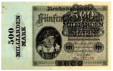 DEUTSCHES REICH BIS 1945, Geldscheine der Inflation, 1919-1924, 500 Milliarden Mark Überdruck auf 5000 Mark 15.3.1923, Firmendruck, FZ.G.
fleckig, I-...